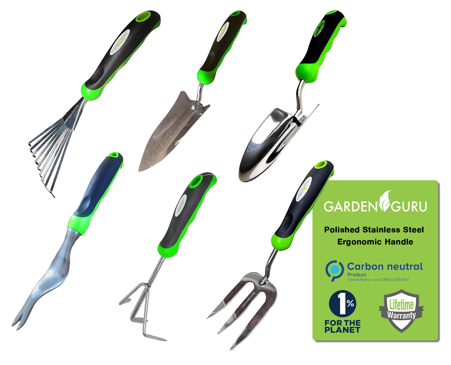 Stainless Steel 6pc Gardening Tool Set (Includes Trowel Transplanter Rake Weeder Cultivator Fork)